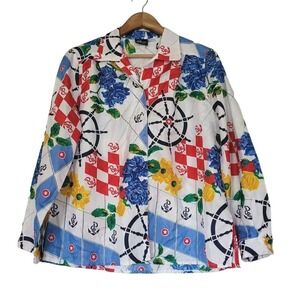Vtg Pyke Womens Long Sleeve Satin Nautical Button Up Blouse Size LP Floral Boho